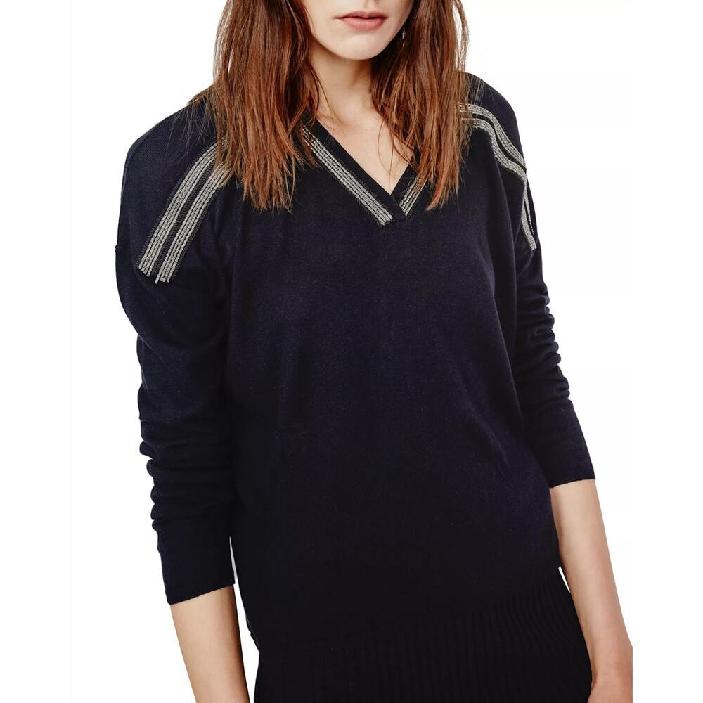 Maje Sweater Size 1 Navy Silver Silk-Wool Embellishments V-Neck Drop Shoulder